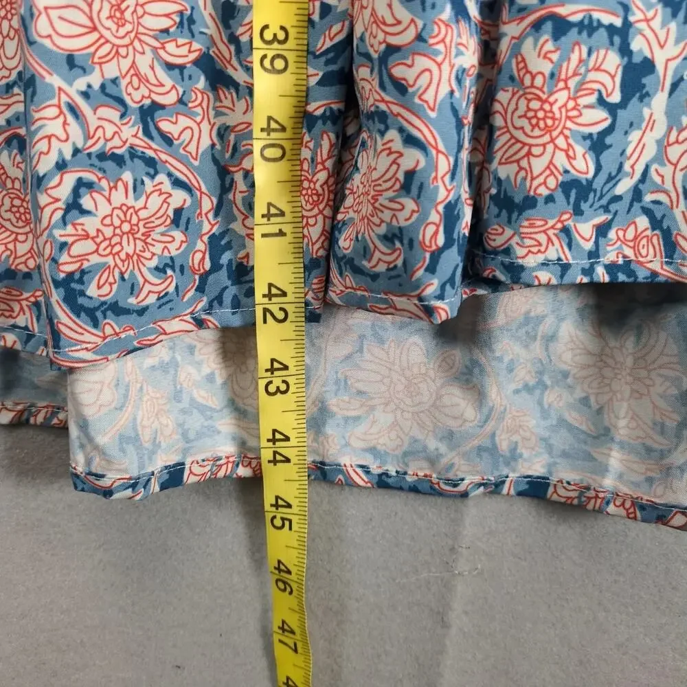 SundayUp Floral Tiered Midi Dress Sz S Puff Sleeves‎ Blue/Orange V-Neck Cottage